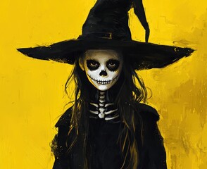 Ultra HD Halloween art: young witch with skeleton face in black attire, vibrant yellow background.