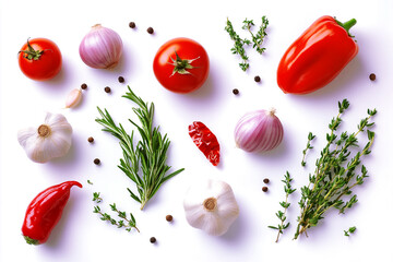 Isolated composition of fresh herbs, onion, and garlic on a white background. Top view. Flat lay. Natural food concept. High-resolution photography. Isolated object. Top view of Herbs and spices 