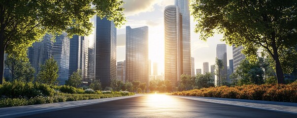 Empty road leading to modern city center at sunset