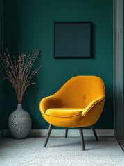 Wall Mural - Minimalist interior design with elegant yellow armchair and black vase against dark green wall