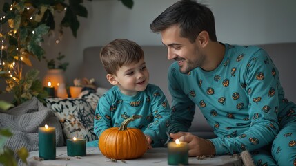 Festive teal outfits, father and son, amber pumpkin on table, dark green lights, soft ambiance.