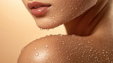 Woman, shoulder and shower with water for hygiene, droplets or wash on a pink studio background. Close up of female person or young model with natural liquid in skincare, hydration or cleanliness