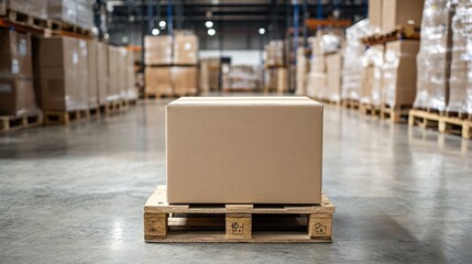 Cardboard box standing on wooden pallet in distribution warehouse