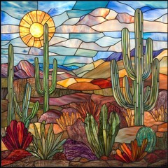 Wall Mural - Stained glass artwork depicting a desert landscape with tall cacti at sunset
