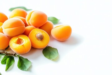 Wall Mural - Fresh apricots with vibrant green leaves on white background