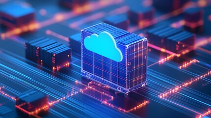 Digital cloud storage concept with futuristic server and glowing blue cloud icon on a circuit board, representing data and technology.