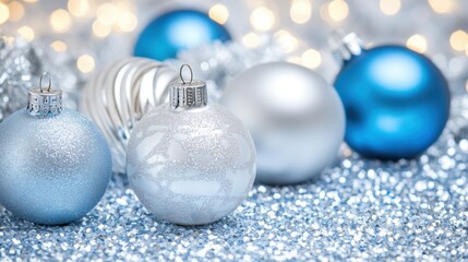 Sparkling blue silver Christmas ornaments on glittery background