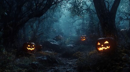 Wall Mural - Forest on Halloween night lit by glowing pumpkins creating an eerie atmosphere.