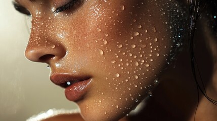 Woman, shoulder and shower with water for hygiene, droplets or wash on a pink studio background. Close up of female person or young model with natural liquid in skincare, hydration or cleanliness