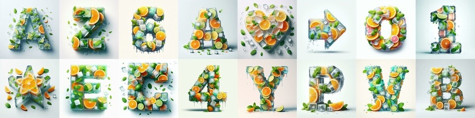 Ice cubes and mints and citrus Lettering Typeface. AI generated illustration