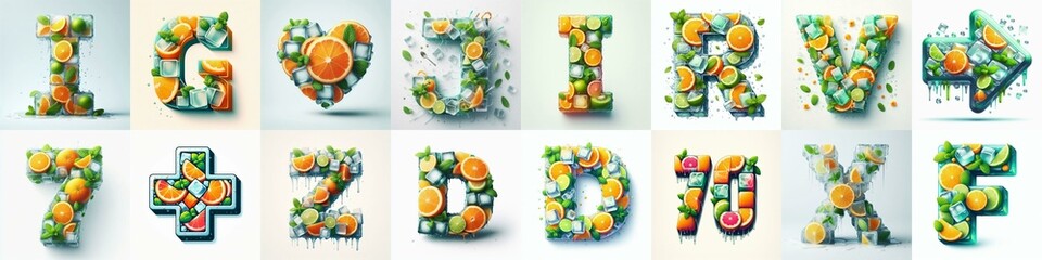 Ice cubes and mints and citrus Lettering Typeface. AI generated illustration