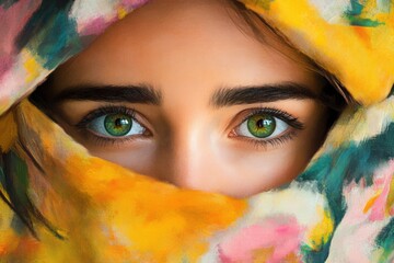 Mysterious gaze of woman with colorful scarf