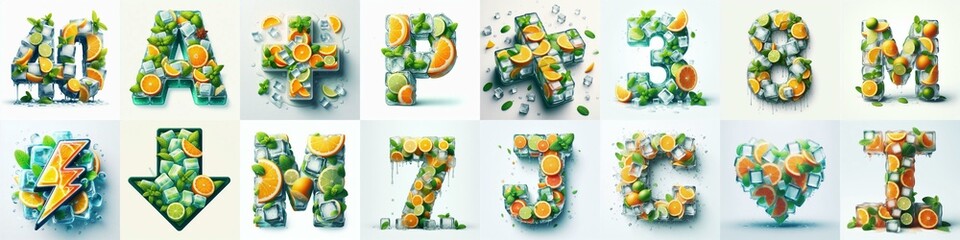 Wall Mural - Ice cubes and mints and citrus Lettering Typeface. AI generated illustration