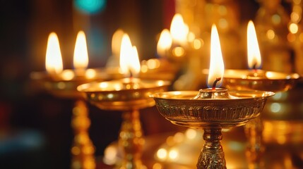 Golden Oil Lamps with Flames in a Dark Setting