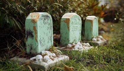 Wall Mural - Mint green tombstones in a modern design for Halloween graveyard theme.