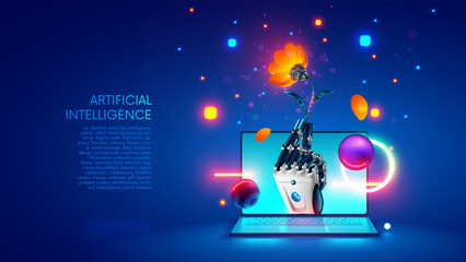 Aufkleber - Artificial intelligence gives a flower of knowledge. Robot hand. Robot hand with flower sticks out of screen laptop. Concept Software development with help AI. Online chatbot with AI. 8 march tech.