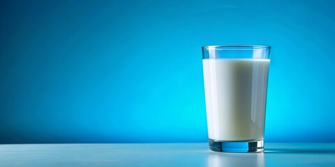 Crystal clear glass of milk on vibrant blue background, perfect for dairy or beverage themed designs