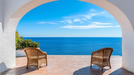 A serene view of the ocean from a cozy terrace with two wicker chairs under a clear blue sky.