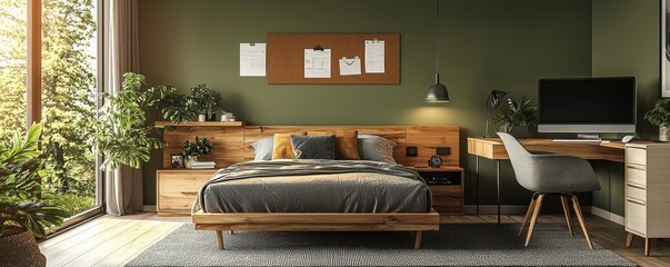 Wall Mural - Modern bedroom with olive green walls, grey carpet, and wooden furniture