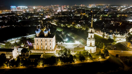 Wall Mural - Ryazan, Russia. Night flight. Ryazan Kremlin - The oldest part of the city of Ryazan. Cathedral of the Assumption of the Blessed Virgin Mary, Aerial View