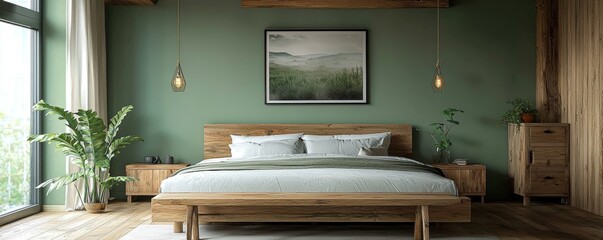 Wall Mural - Modern bedroom with sage green walls, wooden furniture, and large windows