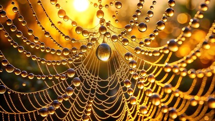 A hyper-realistic macro photograph showcasing the intricate beauty of a dew-covered spider web at dawn. Golden sunlight refracts through each glistening droplet.