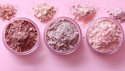 Poster - Different face powders on pink background, closeup