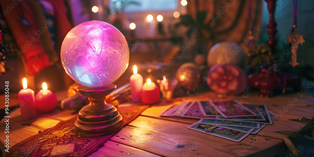 Mystical Fortune Teller s Table with Tarot Cards Candles and Glowing ...