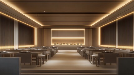 Minimalist Banquet Space with Soft Ambient Lighting, Customizable Seating Arrangements, and Modern Architectural Details