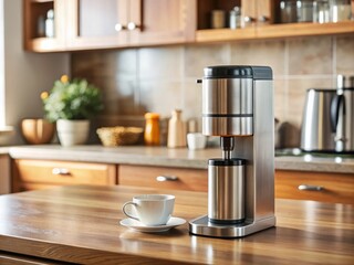 Photo image of a small, sleek, and stainless steel single serve coffee maker sitting on a wooden kitchen counter.