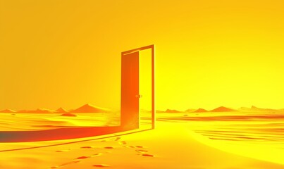 Surreal Desert Portal: 3D Illustration of Opening Door to Unknown Realms. Creative Abstract Concept for Exploration, New Beginnings, and Infinite Possibilities. Minimalist Art for Marketing, Web Desig