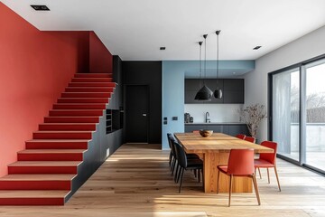 Wall Mural - Modern dining room with oak wood table and contemporary design featuring a bold red staircase and minimalist lighting