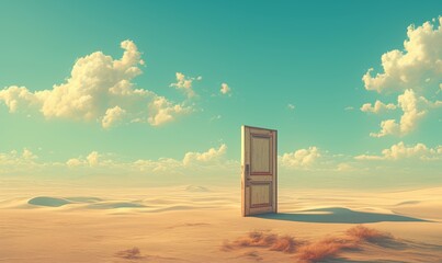 Surreal Desert Portal: 3D Illustration of Opening Door to Unknown Realms. Creative Abstract Concept for Exploration, New Beginnings, and Infinite Possibilities. Minimalist Art for Marketing, Web Desig