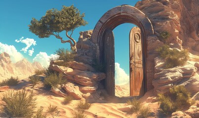 Surreal Desert Portal: 3D Illustration of Opening Door to Unknown Realms. Creative Abstract Concept for Exploration, New Beginnings, and Infinite Possibilities. Minimalist Art for Marketing, Web Desig