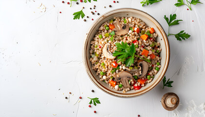 Canvas Print - Delicious buckwheat porridge with vegetables and mushrooms on white background, top view