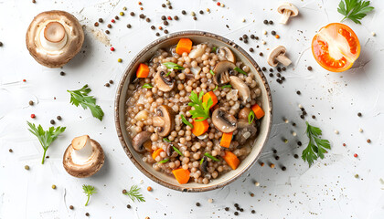 Wall Mural - Delicious buckwheat porridge with vegetables and mushrooms on white background, top view