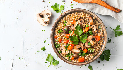 Delicious buckwheat porridge with vegetables and mushrooms on white background, top view