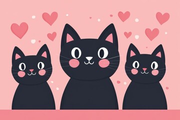 Adorable black cats with hearts on pink background