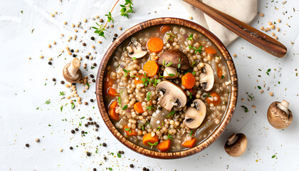 Poster - Delicious buckwheat porridge with vegetables and mushrooms on white background, top view