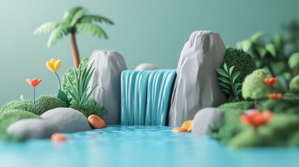 3d rendered cartoon rockery waterfall