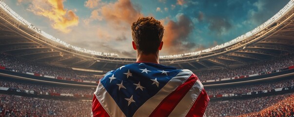 A male athlete with an American flag draped over his shoulders stands on the field of a stadium