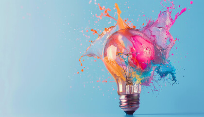 Creative concept light bulb explodes with color