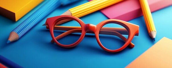 Red eyeglasses with colored pencils on blue background.