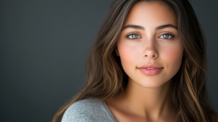 Wall Mural - A studio headshot portrait of a young woman in her mid-twenties. Her expression should be warm yet neutral and professional, suitable for acting headshots and casting calls. 