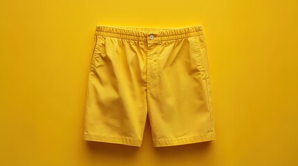 Yellow shorts with a button and elastic waistband laid out on a vibrant background.