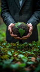 The businessman holds the Earth, symbolizing eco-friendly business and protection of nature