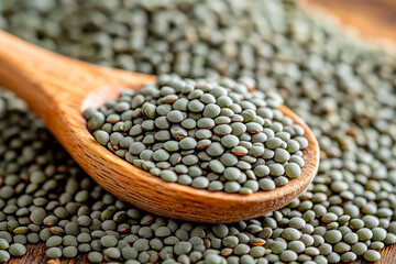 Green lentils in a wooden spoon on a backdrop full of green lentils