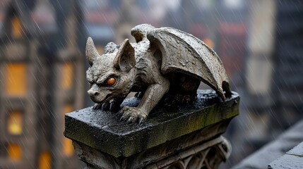 A dramatic stone gargoyle perches atop an ancient building, showcasing intricate details against a moody, rainy backdrop.