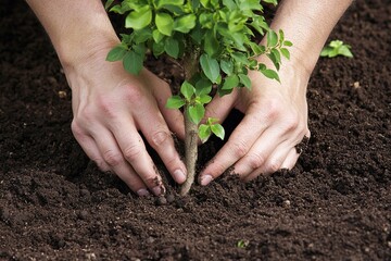 Hands planting young tree in soil, growth concept