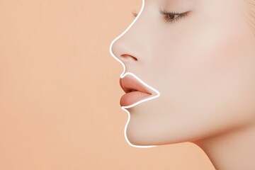 a face, with an elegant woman's lips and nose outlined by white lines against her skin, content for clinic and cosmetology service, beauty poster, banner	